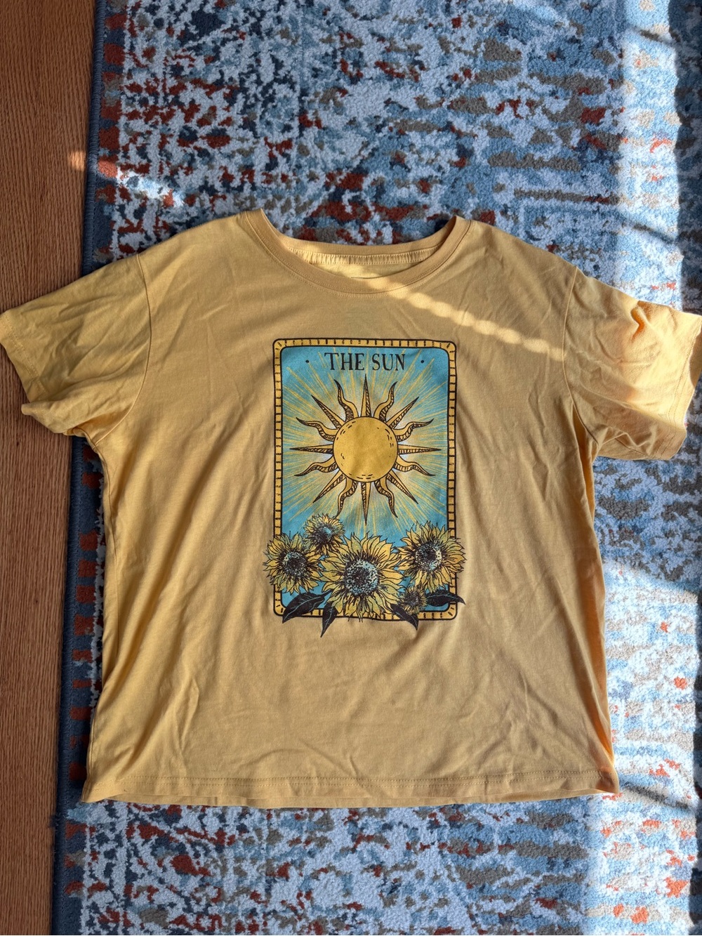 Mighty Fine Yellow Sun Graphic Tee with Blue Accent